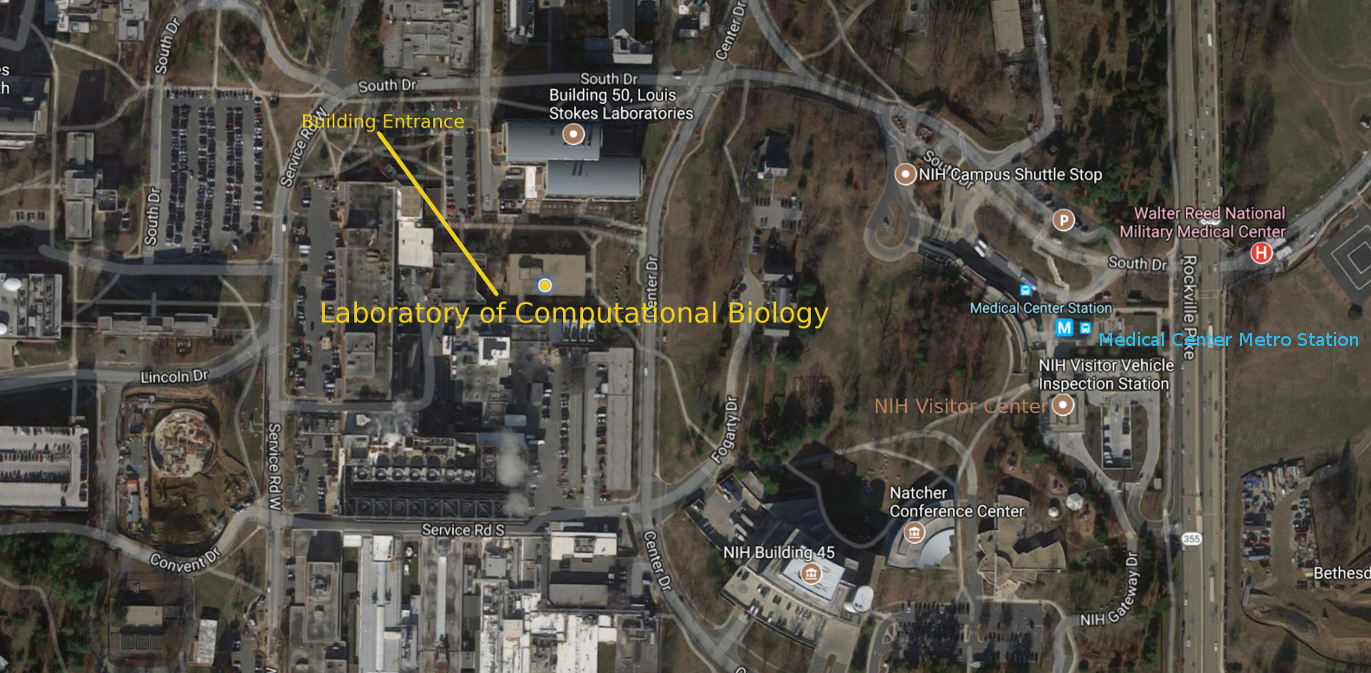 Annotated photo map of the Lab. of Computational Biology at Building 12 A at the NIH campus
